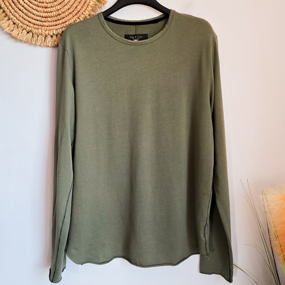 Rag & Bone Mens Rupert Green Long Sleeve Cotton Crewneck Tee Pullover SZ Medium - Picture 2 of 13